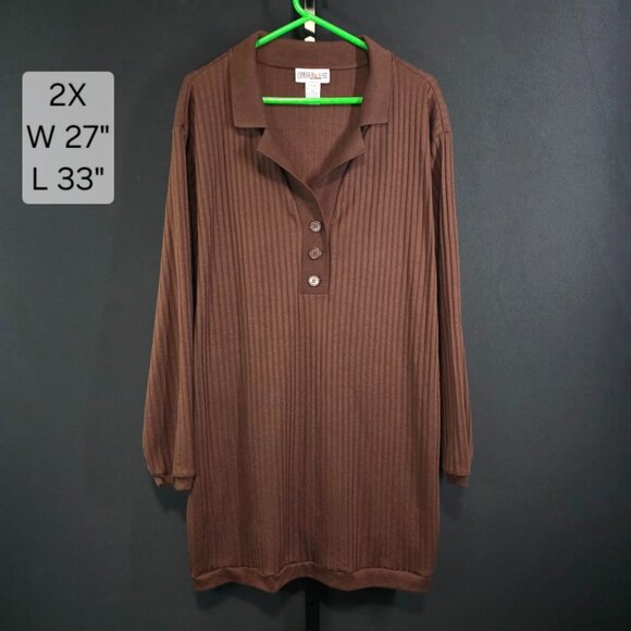 Vintage Ribbed Knit Tunic Top Womens Plus 2X Brown 90s Oversized Polo Grunge - Picture 1 of 5